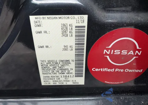 2019 Nissan Altima 2.5 Sv z USA, uszkodzony, nr VIN 1N4BL4DV3KC138412